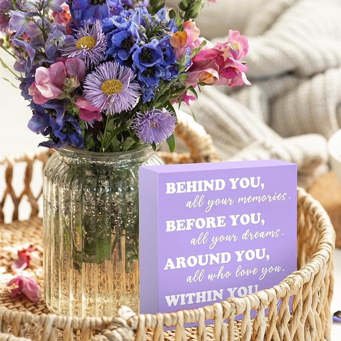 Behind You All Your Memories Purple Wooden Box Block Sign Graduation Quote Decor Desk Sign Purple Positive Office Decor for Women Desk Cubicle Decoration Grad Gift