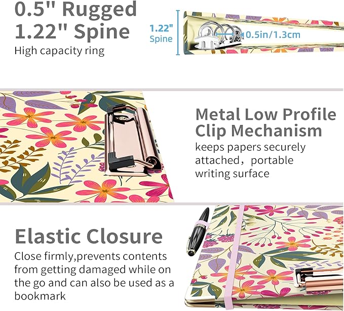 Ospelelf 3 Ring Binder, 1/2 Inch, Cute Floral Binder for Letter Size (11" x 8.5") with 5 Tab Dividers, File Folder Labels and Low Profile Clipboards