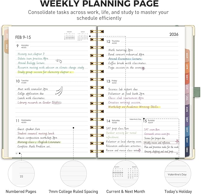 RETTACY 2026 Planner, Weekly and Monthly, Medium Size (5.7" x 8.3"), Jan - Dec 2026, Agenda, Calendar, 12 Month Tabs, Hardcover, 100 GSM Thick Paper, Spiral-bound (Light Green)
