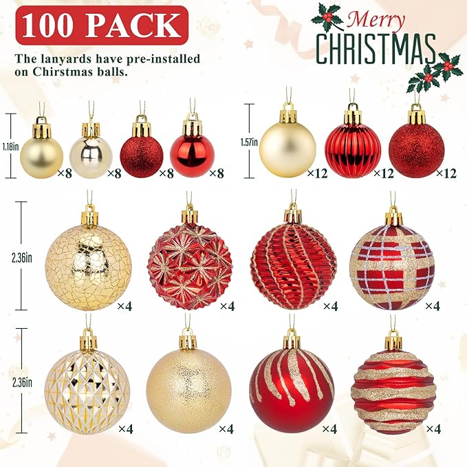 100ct Christmas Ball Ornaments Set, Red and Gold Shatterproof Hand-Painted Hanging Baubles Decoration Bulk for Xmas Tree, Wreath, Garland, Home Holiday Decor