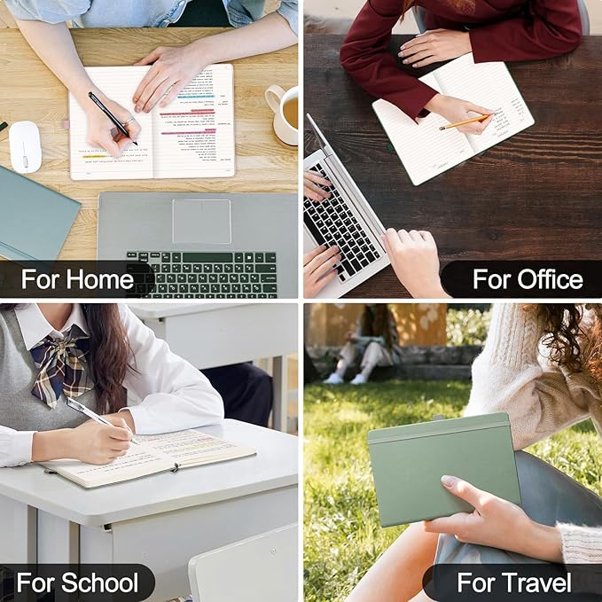 EMSHOI A4 College Ruled Notebook Journal- 400 Pages (200 sheets), 7mm Spacing & Vegan Leather Cover for Work, School, Bible Study, Bullet Journaling- with Sticky Notes, Pocket & Pen Holder -Dark Green