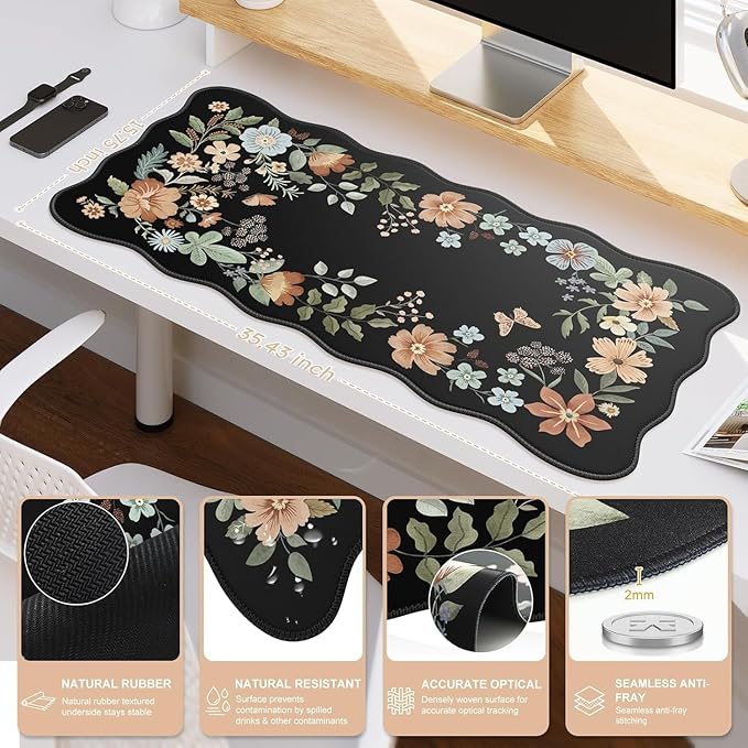 Scalloped Desk Cover Mat, Aesthetic Mousepad with Wrist Rest, Memory Foam Wrist Support for Keyboard, Ultra Smooth Mouse Pad for Office Desk Decor, School Supplies (Black)
