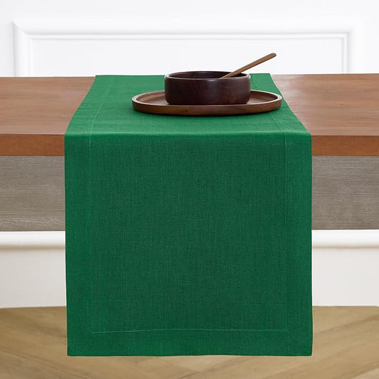 Solino Home Linen Table Runner 60 Inches - 100% Pure Linen Christmas Green Table Runner 14 x 60 Inch Ideal for Dresser and Coffee Tables - Thanksgiving - Fete