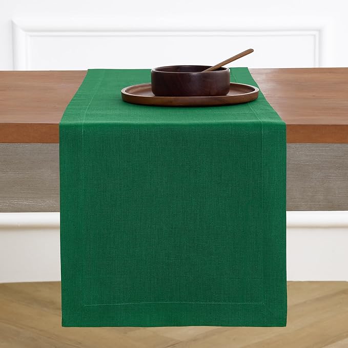 Solino Home Linen Table Runner 72 Inches Long - 100% Pure Linen Christmas Green Dining Table Runner 14 x 72 Inch - Fete