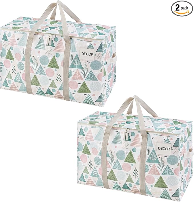 VENO 2 Pack Moving Bags and Large Christmas Storage Bins with lids. Alternative to Moving Boxes, Packing Supplies for College. Extra Large Heavy Duty Totes for Packaging (Pastel Forest, 2 Pack)