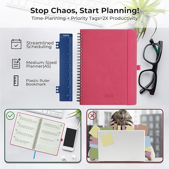Planner 2026 Daily Weekly and Monthly,8.5"x6.5",12 Months Spiral Bound Calendar Agenda with Self-adhesive Pen Holder,2026 Appointment Book with Vegan Leather Soft Cover,Rose Red