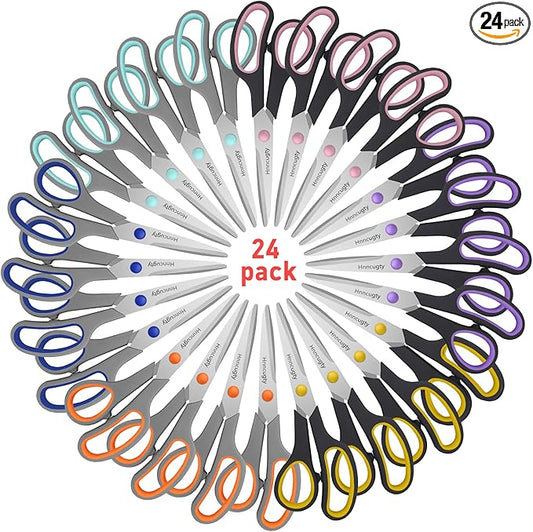 Scissors for Office School Supplies, Hnncugty 8" Scissors All Purpose Bulk Set of 24-Pack, Sharp Shears for Home Craft Sewing Fabric, Middle School Student Teacher Supplies, Comfort Right/Left Handed