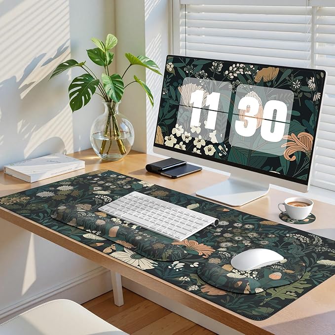 iCasso Desk Cover Mat, 4in1 Floral Large Mouse Pad with Wrist Rest, Desk Matt for Desktop, Anti-Slip XXL Big Computer Ergonomic Mousepad with Wrist Support for Keyboard and Mouse (Weeds)