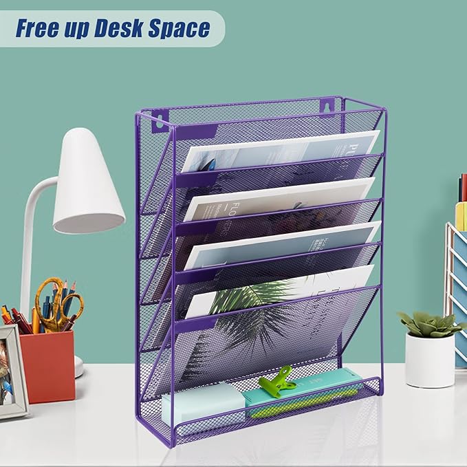 EASEPRES Desk File Organizer Mesh 6-Tier, Hanging Wall Mount Document Organization Stand, Desktop Vertical Mail Paper Folder Holder Rack with Bottom Tray for Office Home Cubicle Countertop, Purple
