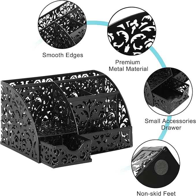 EasyPAG Pen Holder Desk Organizer with Drawer Pencil Cup for Desk 6 Compartments Metal Office Caddy Storage with Sticky Notes Holder for School Home Office, Black