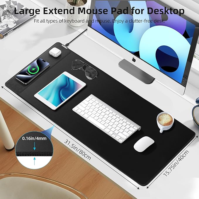 Mouse Pad with Wireless Charging, Gaming Mouse Pad with Ultra-Smooth Surface, Large XXL Desk Mat, Non-Slip Mouse Mat, Waterproof Computer Keyboard Pad for Gaming, Desk, Office, PC, 800x400x4MM, Black