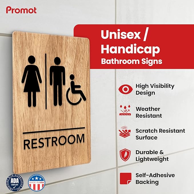 Promot Unisex Handicap Bathroom Sign – ADA Braille Restroom Sign for Business, Self-Adhesive, 9" x 6", Commercial Door Signage, Office Wall Decor - Oak