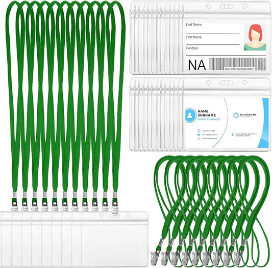 Marspark 50 Sets Clear Name Tags with Lanyard, Lanyards for ID Badges Reusable Strap with ID Holder Plastic Name Badges for Adults Business School Church Conference (Green)