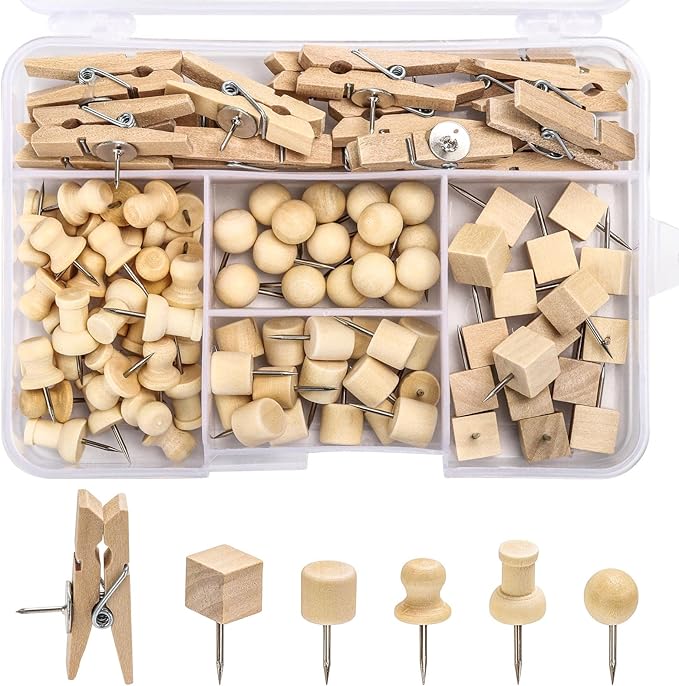 102 Pcs Wood Push Pins 6 Sizes Thumb Tacks for Wall Hangings Corkboard Office or Home