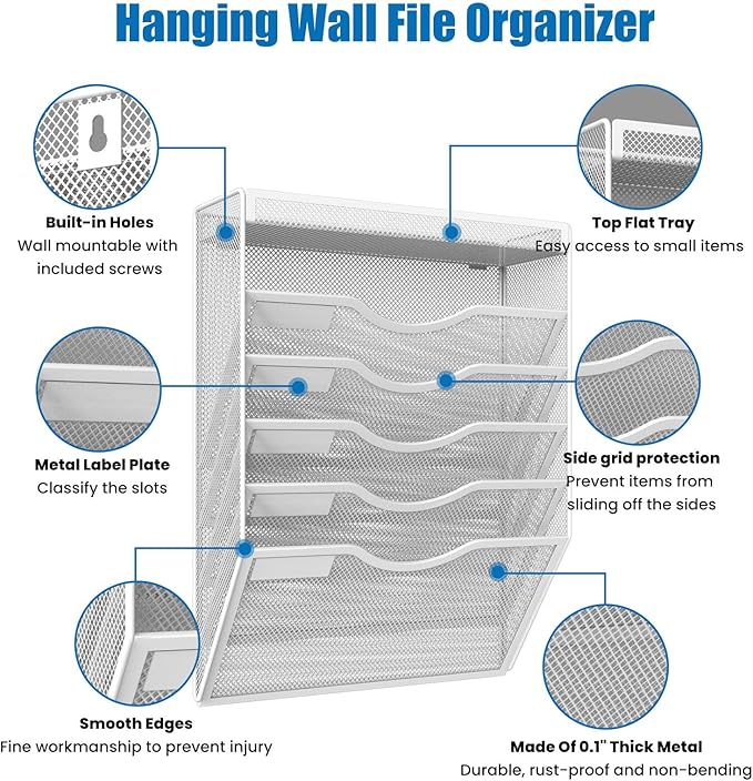 6 Tier Wall File Organizer Hanging Vertical File Organizer, Wall Mounted Mail Paper Document Folder Holder, Mesh Magazine Rack Mail Document Organizer for Office School Home
