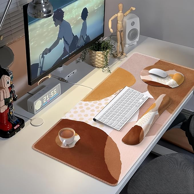 iCasso Desk Mat, Gaming Mouse Pad Wrist Support Set, XXL Large Mousepad + Keyboard Wrist Rest+Mouse Wrist Rest+Coastert with Ergonomic Design for Home Office Computer (C-Four-Coffee-Color-Block)