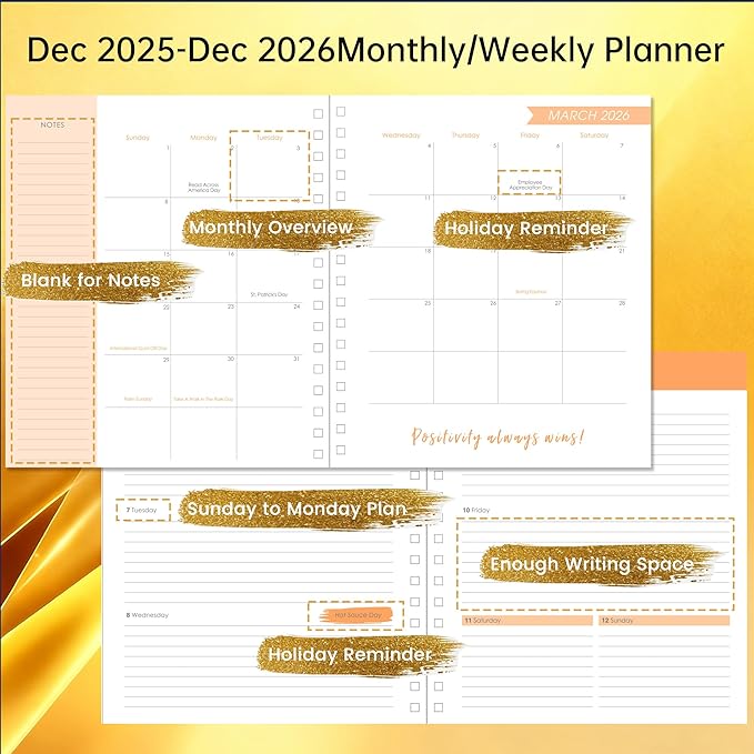 Yoment 2026 Planner Weekly and Monthly, 13 Month Hardcover Planner Dec 2025 - Dec 2026, 8.5" x 10.3" Large Spiral Bound Academic Planners for Women, Men, Daily Agenda with 3 Sticker Sheets (Glod)