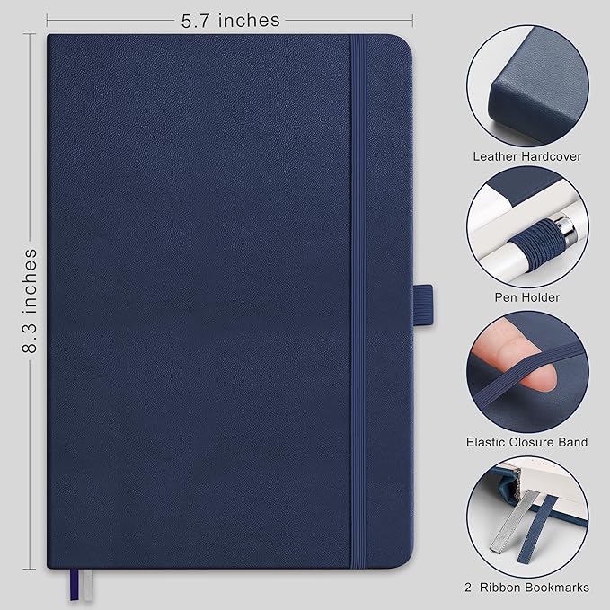 RETTACY Lined Journal Notebook, 192 Numbered Pages, A5 Medium Size (5.7'' x 8.3''), for Men & Women, Journaling, Writing, Work & Office, Leather Hardcover, 100 GSM Thick Paper (Navy Blue)