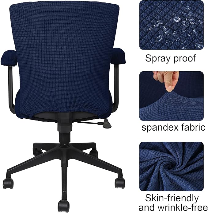 Tallew 4 Pcs Office Chair Covers Set Computer Universal Protective Stretchable Chair Seat Covers Desk Armrest Slipcovers Pads Office Cushion Backrest for Rotating(Navy)