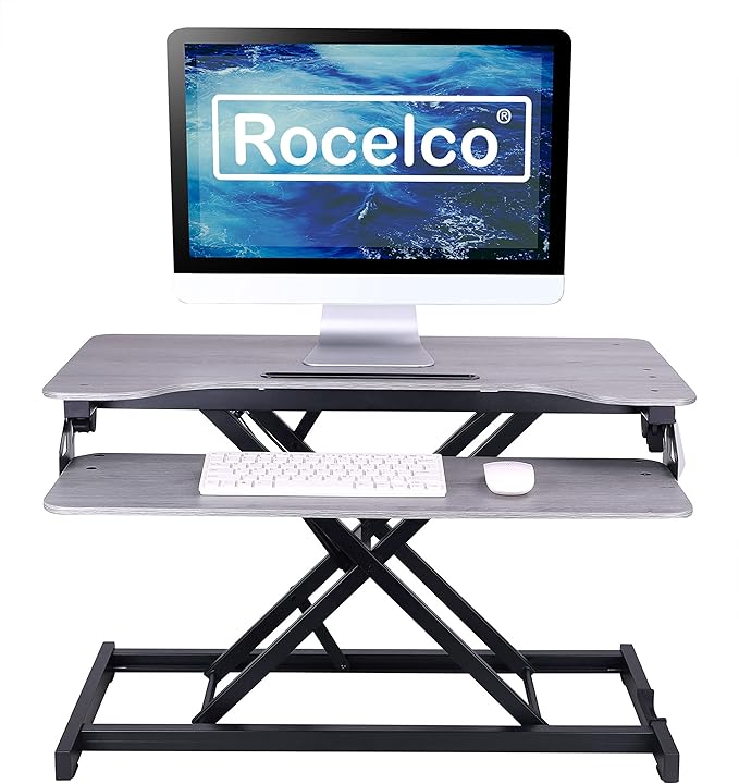 Rocelco Standing Desk Converter 31.5 Inch Sit Stand Up Dual Monitor Tabletop Riser with Tablet Mount, Height Adjustable Home Office Workstation - Deep Keyboard Tray for Laptop Mouse - Gray (R VADRG)