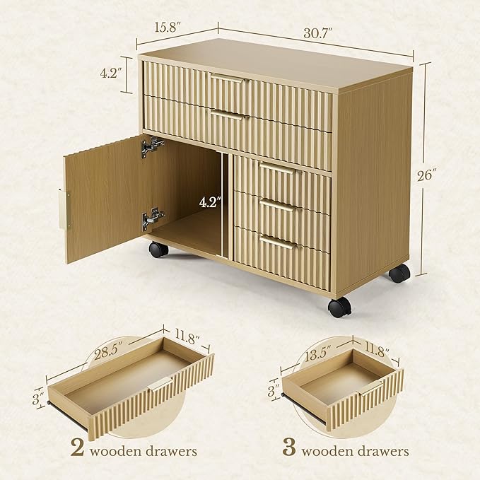 Fluted File Cabinet with 5 Drawers, Large Storage with Cabinet Door, Mobile Filing Cabinet with Locable Wheels for Home Office, Light Walnut