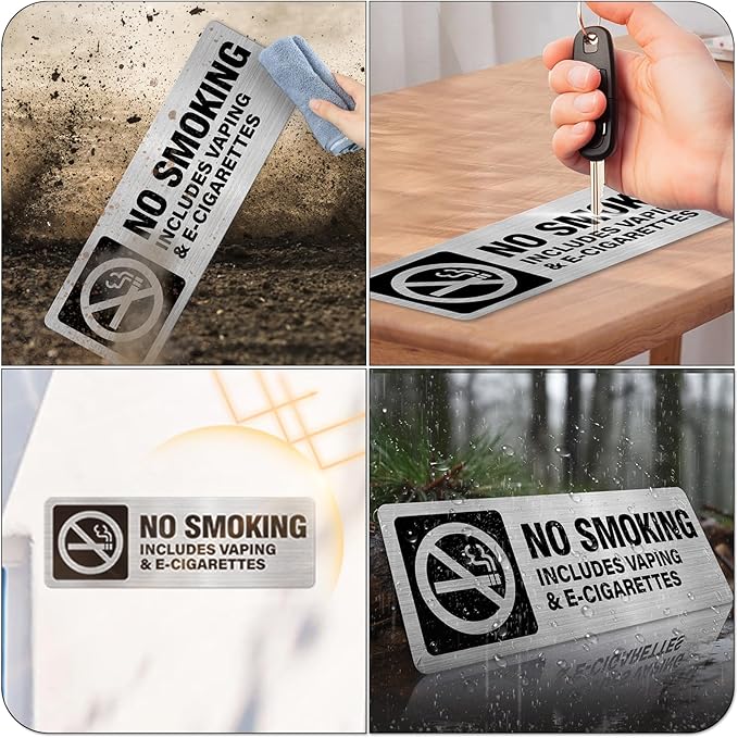 No Smoking No Vaping E-Cigarettes Sign Aluminum Silver 9 x 3 Inches Self-Adhesive Waterproof Metal Door Wall Sign for Business Houses 4 Pack