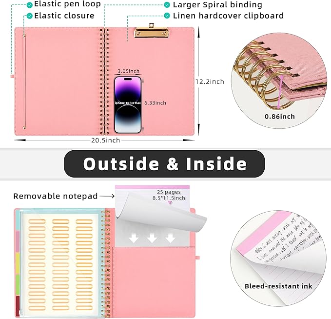 Ospelelf Pink Foldable Spiral Clipboard Folio with Storage Zipper Pouch, 5 Plastic Folders with 10 Pockets,Refillable Lined Notepad (11" x 8.5"), Hardcover Project Organizer with 39 Stickers