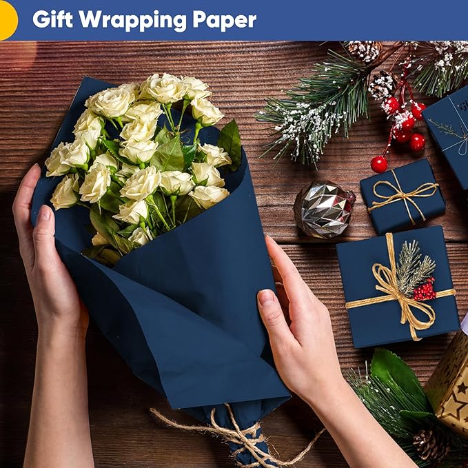 Vanhench Navy Blue Wrapping Paper 17.5"×963" (80 1/4FT), Birthday/Fathers Day Wrapping Paper, Art Craft Paper, Bouquet Flower Poster, Blue Bulletin Board Paper 80GSM55LB