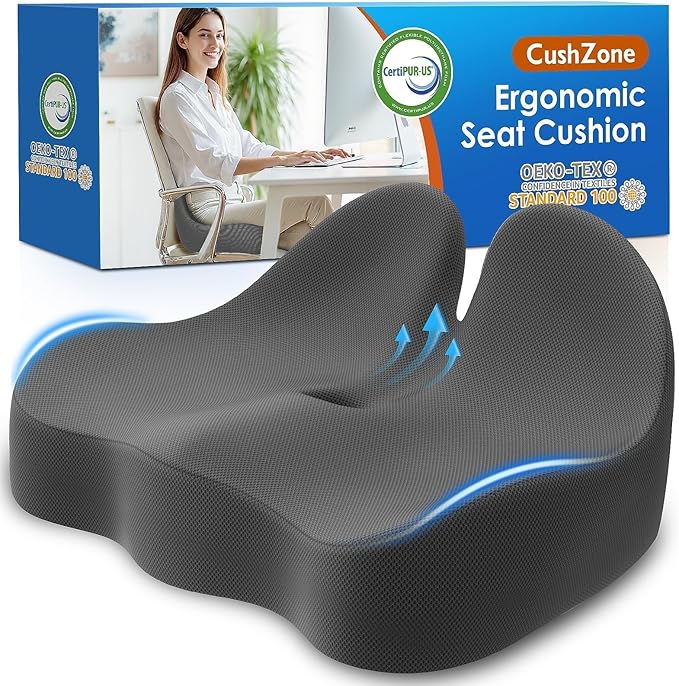 Seat Cushion, Memory Foam Office Chair Cushions, Ergonomic Curved Design for Sciatica, Tailbone, Coccyx, Seat Support for Car, Desk Chair, Wheelchair, Enhances Long Sitting Comfort (Grey)
