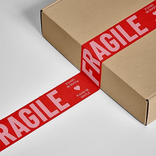 Fragile Packing Tape, Please Be Gentle, Red Pink Cute Designer Packaging and Shipping Tape for Small Business - Printed Tape for Moving, 1.88" x 110 Yards (330 feet)