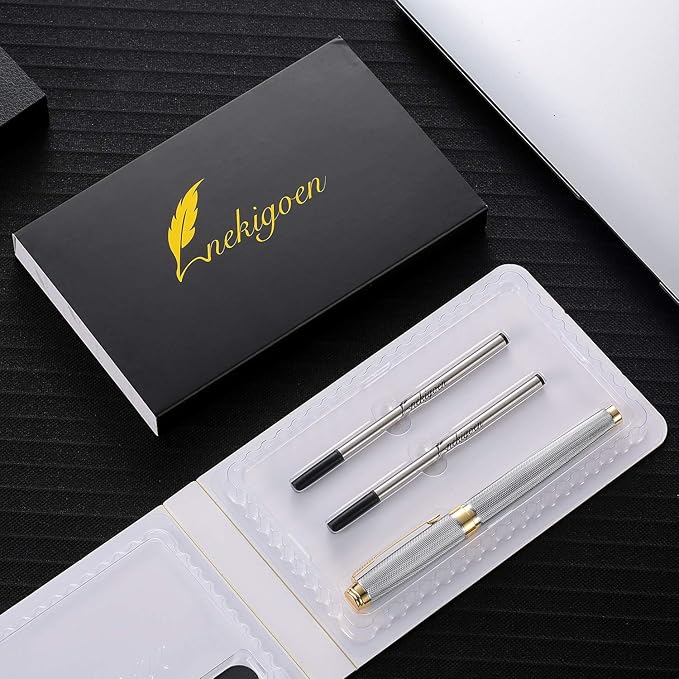 Rollerball Pen for Men Women Luxury Metal Executive Pens Home Office Use with 2 Extra Refills Black Ink 0.7mm G2(sliver)