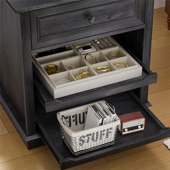 Lateral File Cabinet 3 Drawer File Cabinet with Charging Station, Printer Stand with Open Adjustable Storage Shelves, Lateral Filing Cabinet for Home Office, Black