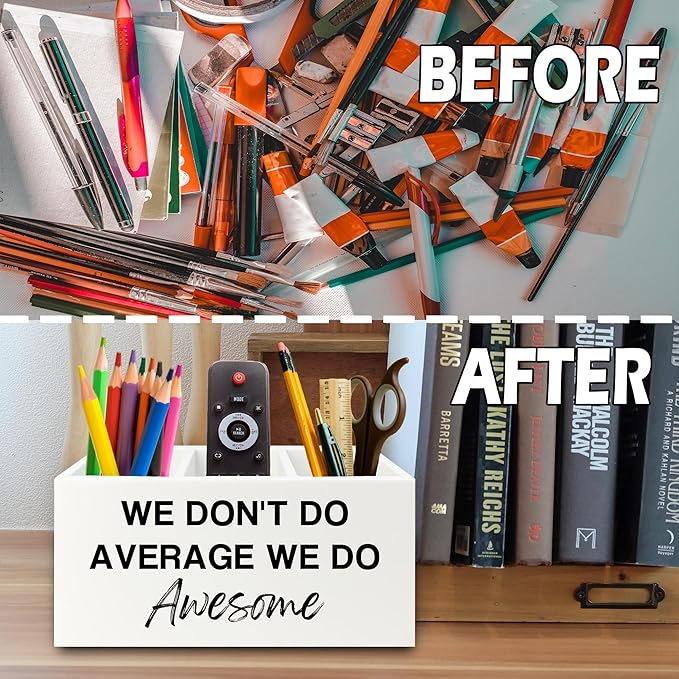 Inspirational Pen Pencil Holder Organizer for Desk, Inspirational Gifts for Women, We Don't Do Average We Do Awesome Motivational Wooden Box Sign for Home Office Desk Tabletop Decorations