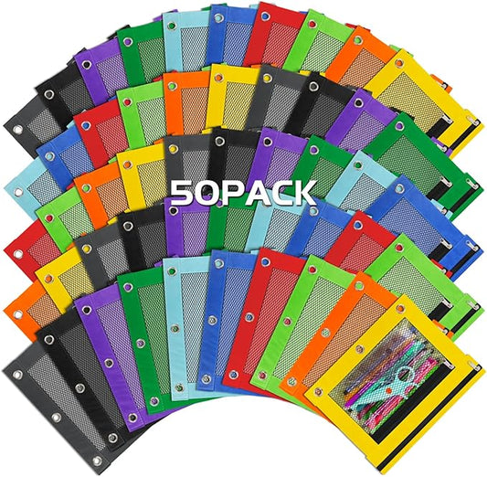 50 Pcs Pencil Pouch for 3 Ring Binder Colorful Binder Pencil Pouch with Zipper, 3 Ring Binder Pencil Pouch Bags for Classroom Bulk Pencil Pouches Pencil Case for Storing School Teacher Supplies