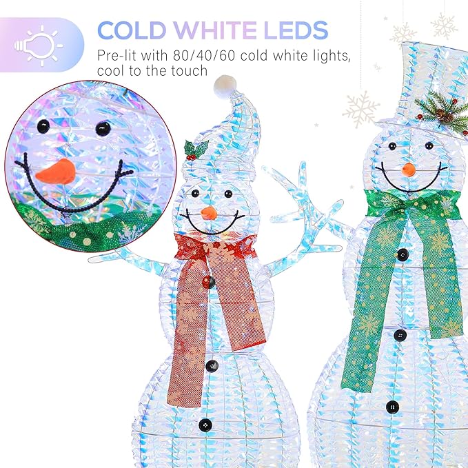 Hykolity 3.5 FT 3D Lighted Outdoor Iridescent Christmas Snowman Family, 3-Piece Lighted Snowman Set with 180 LED Lights, Ground Stakes, Zip Ties for Holiday Decoration
