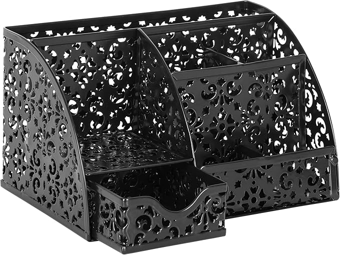 EasyPAG Pen Holder Desk Organizer with Drawer Pencil Cup for Desk 6 Compartments Metal Office Caddy Storage with Sticky Notes Holder for School Home Office, Black