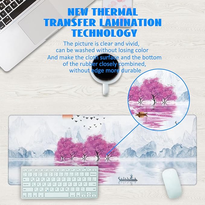 Desk Mat, Cherry Blossom Tree Oil Ink Painting Extended Gaming Mouse Pad Large, 31.5"x11.8" Big Mouse Pad with Non-Slip Base and Stitched Edge, Long Computer Keyboard Mouse Mat for Home Office Work