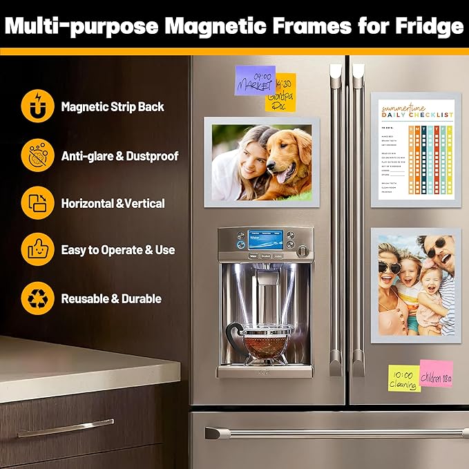 5Packs Magnetic Frames for Refrigerator - 8.5x11 Magnetic Sign Holder with Metal Surface - File/Paper/Document Holder & Photos/Picture/Poster Frame for Home/Office (Silver)