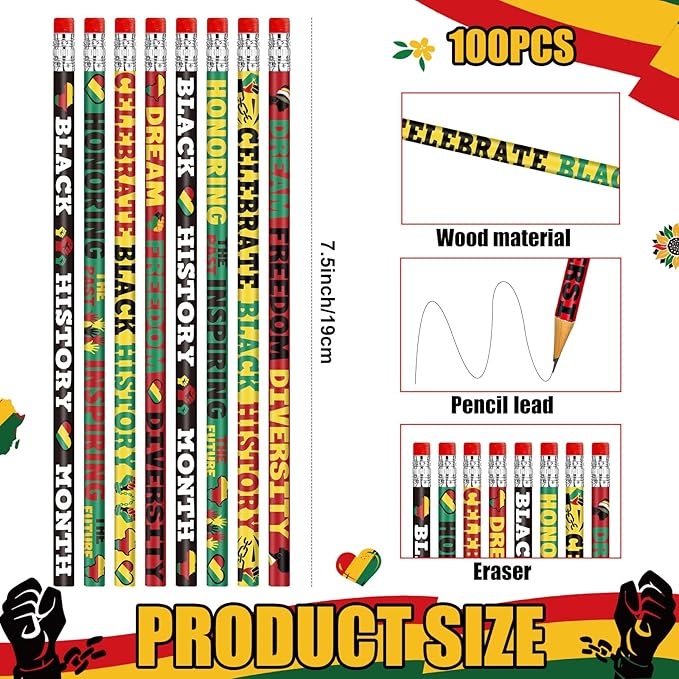 Cinrobiye 100 PCS Juneteenth & Black History Month Inspirational Wood Pencils with Eraser, Classroom Gifts, Bulk School Supplies, Kids Office Giveaways, Party Favors, Prizes