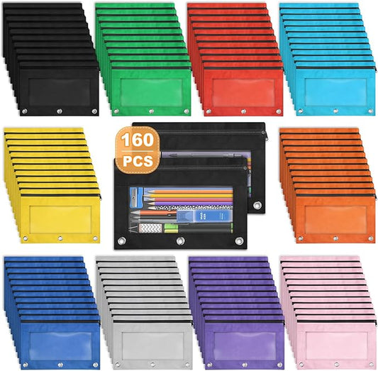 Shemira Pencil Pouch for 3 Ring Binder, 160 Pack Pencil Pouches Bulk in 10 Colors, Binder Pencil Pouch with Smooth Zipper, Zipper Pencil Pouches, 3 Ring Binder Pencil Pouches, Clear Window Pencil Case