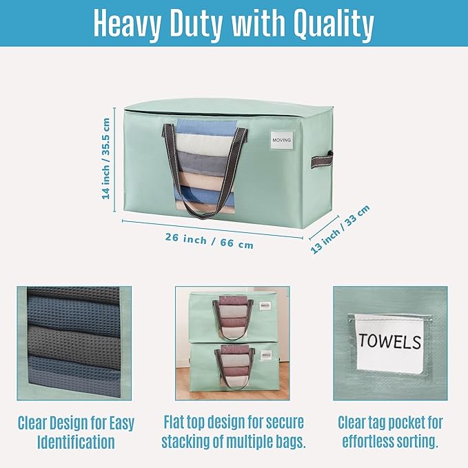 VENO 8 Pack Moving Bags, Comforter and Blanket Storage Bags for Closet, Moving Boxes, Boxes with Lids Alternative, College Dorm Packing Supplies, Foldable Heavy-Duty Tote (Light Green Matte, 8 Pack)