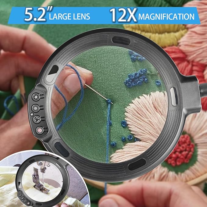 12X Floor Magnifying Glass with Light and Stand, Large Magnifier Hands Free with 5 Color Modes Stepless Dimmable, Flexible Gooseneck Floor Lamp for Close Work, Reading Sewing