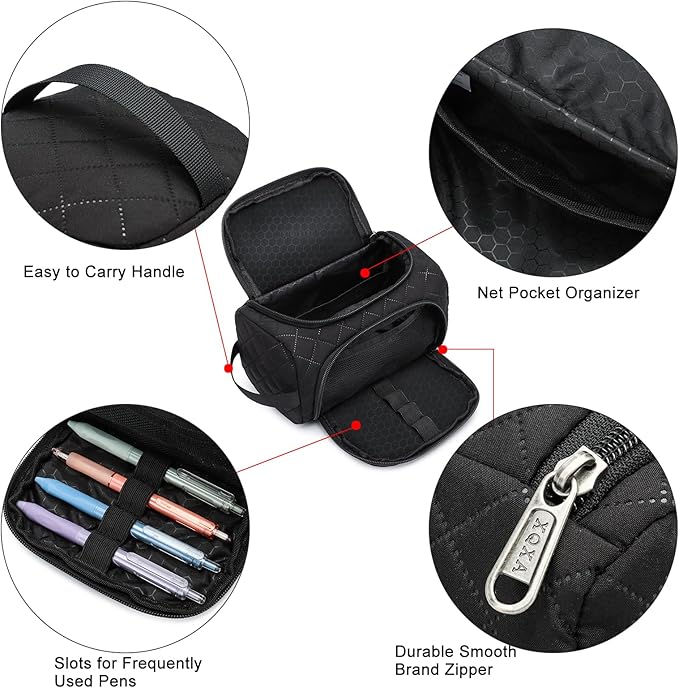 XQXA Extra Large Capacity Pencil Case Organizer, Multifunctional Pencil Pouch with Compartmens, Travel Simple Stationery Bag, Nylon Pencil Bag for Adults (Black Quilted)
