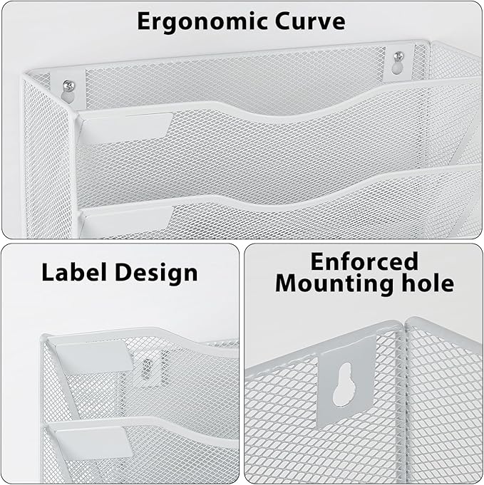 Hanging Wall File Organizer with Office Assorted, 5 Pockets Mesh Wall Mounted File Folder Holder for Mail, Paper, Document, Binder, Magazine, Menu (White)