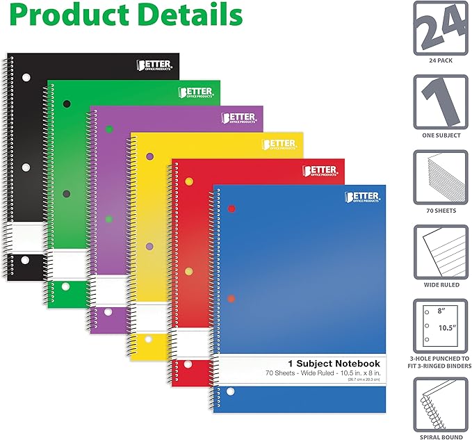 Better Office Products Spiral Notebooks 1-Subject, 24 Pack, Wide Rule, 70 Sheet, 8 x 10.5 inches, 6 Assorted Primary Colors, 24 Pack