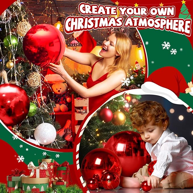6 Pcs Christmas Ball Ornaments 12 Inch UV Resistant and Waterproof Shatterproof Shiny Plastic Christmas Tree Hanging Ornaments Decoration for Indoor Outdoor Holiday Party(Red)