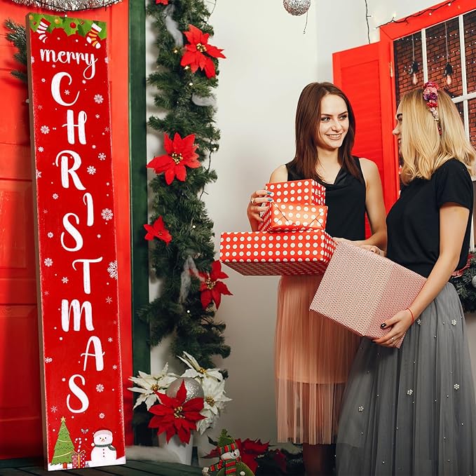 Christmas Wooden Porch Sign 47.2" Merry Christmas Snowflake Welcome Porch Signs for Front Door Xmas Vertical Standing Signs Wooden Hanging Sign Decor for Xmas Garden Home Front Door Yard Farmhouse Decor