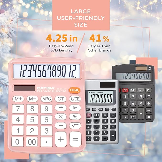 CATIGA 12 Digits Desktop Calculator with Large LCD Display and Sensitive Button, Dual Solar Power and Battery, Standard Function for Office, Home, School, CD-2786(Light Pink)