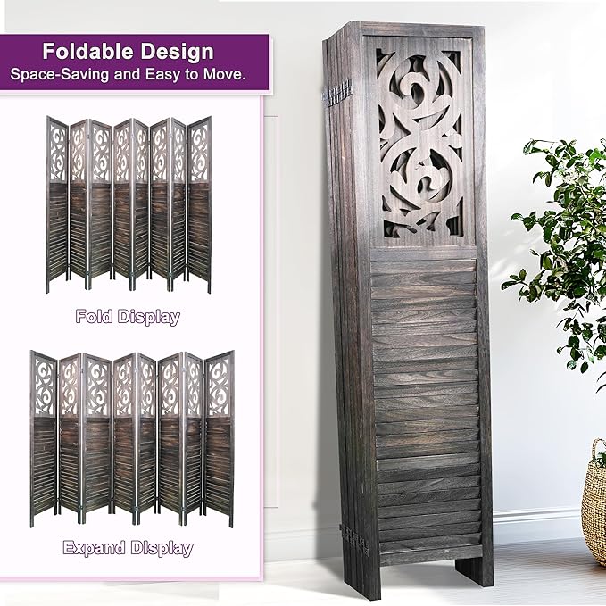 Room Divider, 5.6FT Folding Room Divider Panel, 8 Panel Craved Wood Partition Wall Divider for Room Separation, Rustic Brown