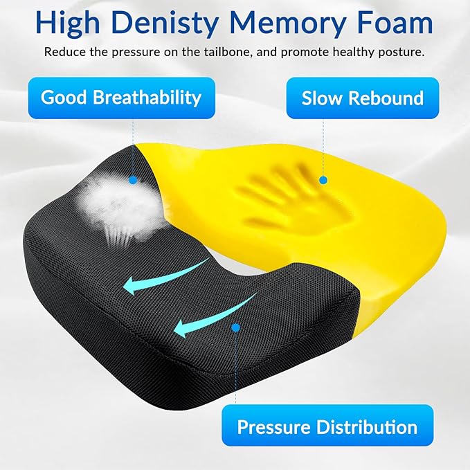 Ergonomic Memory Foam Seat Cushion for Office Chair, Extra Large Pad with U-Shaped Design for Pressure Relief, Coccyx Sciatica & Back Pain Relief, for Home, Car Long Sitting (Black)